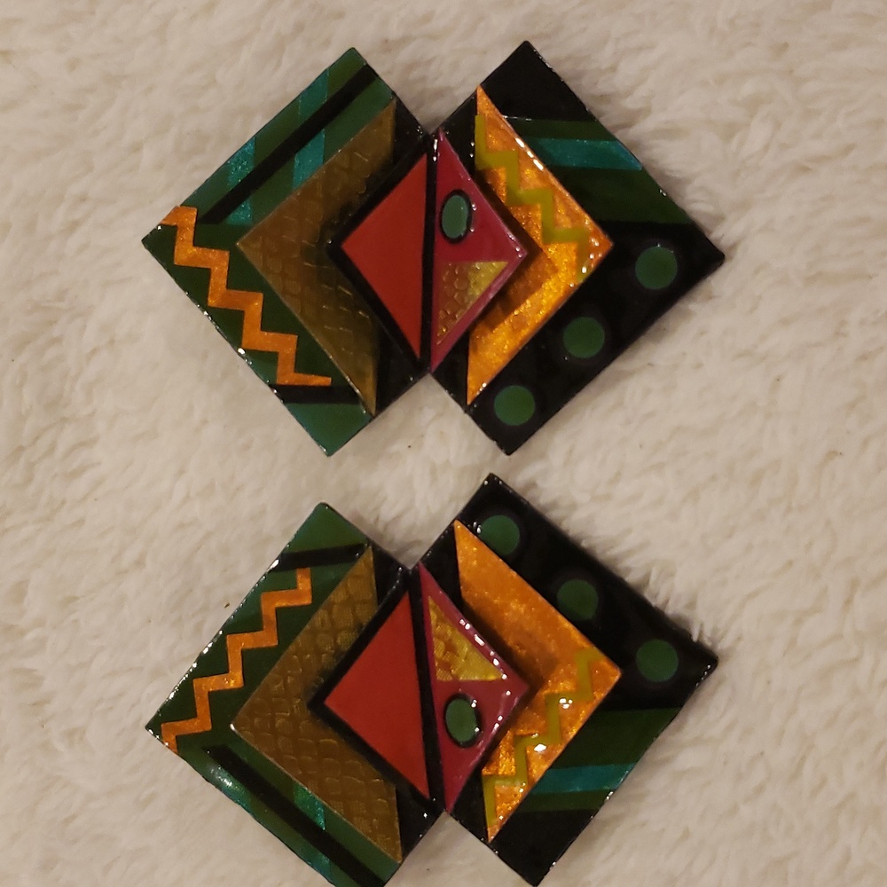 Vintage 1980's Funky Geometric Multicolor Earrings, like new